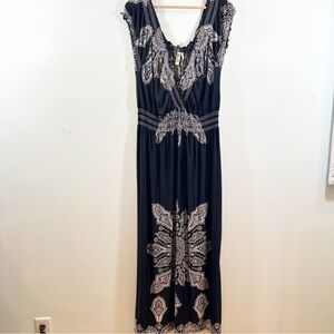 Shoreline Navy Blue White Print Semi-sheer V-Neck Stretch Maxi Coverup Dress